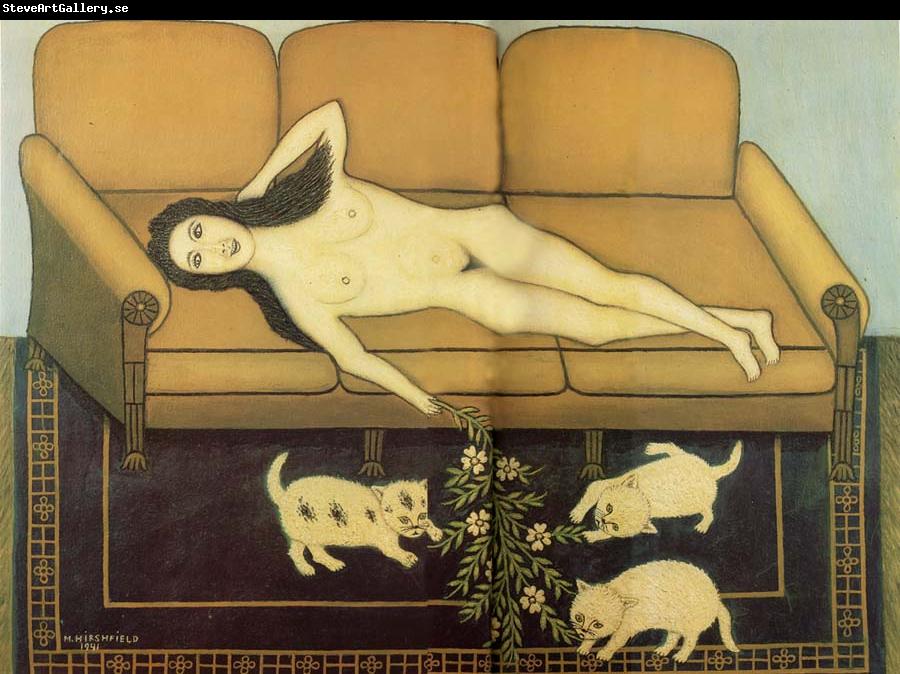 Hirshfield Morris Nude on Sofa with Three Pussies